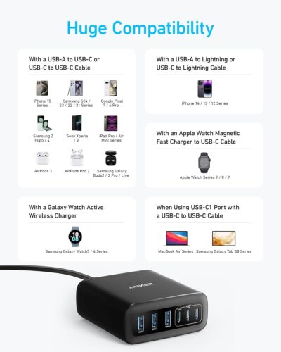 Anker Desktop Charger, Fast Charging USB C Charger, 112W Max 6-Port Charging Station, for iPhone, iPad, MacBook, Samsung and More (Cable Not Included) - 이미지 6
