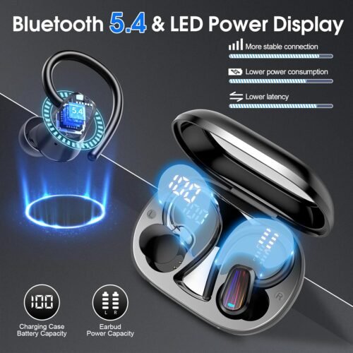OYIB Wireless Earbuds Bluetooth 5.4 Headphones Sport, Stereo Deep Bass Bluetooth Earbuds with Earhooks, 50H Over Ear Bud with ENC Mic, IP7 Waterproof Wireless Earphone for Workout/Running, Deep Black - 이미지 4