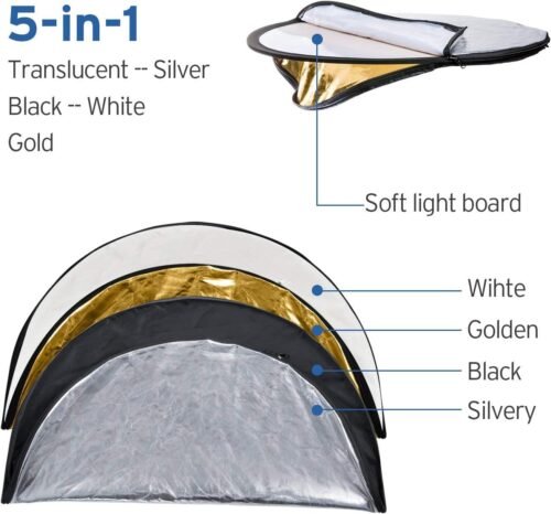 Etekcity 24" (60cm) 5-in-1 Photography Reflector, Multi-Disc Light Reflectors for Photography, Collapsible with Bag - Translucent, Silver, Gold, White and Black - 이미지 2