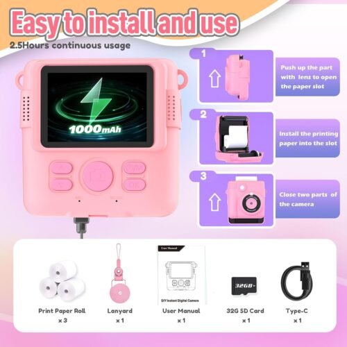Instant Print Camera for Kids, Christmas Birthday Gifts Girls Boys Age 3-12, HD Digital Video Cameras Toddler, Portable Toy 3 4 5 6 7 8 9 10 Year Old Girl with 32GB SD Card-Pink - 이미지 6