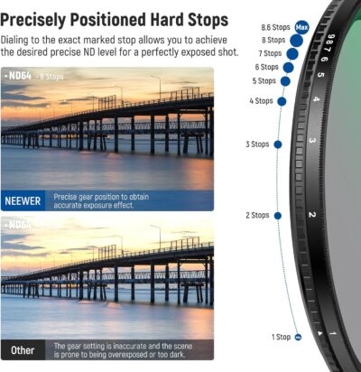 NEEWER 82mm True Color Variable ND2-ND400 Filter, Hard Stops Adjustable Neutral Density VND Filter with Multi Coated HD Optical Glass/Aluminum Frame/Water Repellent/Scratch Resistant - 이미지 3