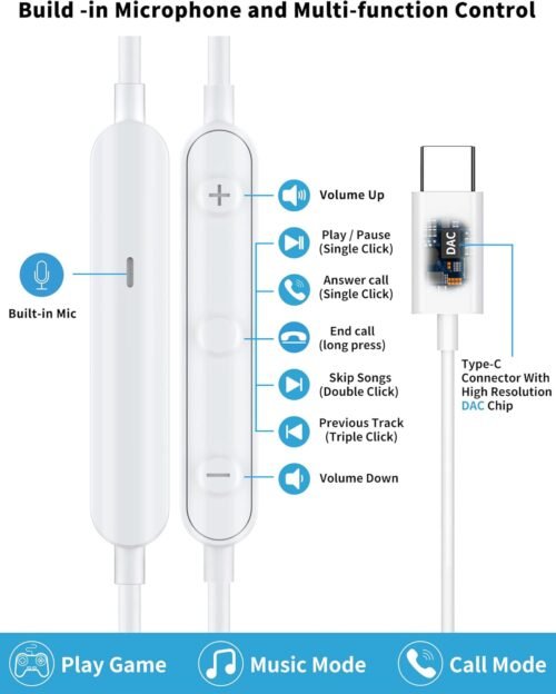 USB C Headphone for Samsung S23 FE S22 S21 S20 A53 A54 Wired Earbuds Magnetic in-Ear Type C Earphone with Microphone Volume Control Bass Stereo Noise Canceling for iPhone 15 Pro Max Pixel 6 6a 7a 8 5 - 이미지 3