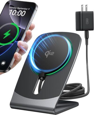 INIU Magnetic Wireless Charger Stand, Qi2 Certified 15W Mag Safe Charging Station with 23-Blade Cooling Fan, Fast Charging Pad for iPhone 16 15 14 13 12 Series AirPods 4 3 Pro2 Pro (with Adapter)