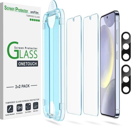 amFilm Auto-Alignment OneTouch for Samsung Galaxy S24+ Plus 6.7" Screen Protector + Camera Lens Protector, Tempered Glass, 30 seconds Installation, Bubble Free, Case Friendly, Anti-Scratch [2+2 Pack]