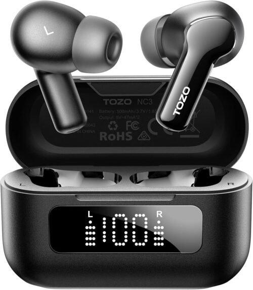 TOZO Hybrid Active Noise Cancelling Wireless Earbuds with 6 Mics AI Clear Call Ear Buds 55H Playtime with LED Display 32 Preset EQs via APP Bluetooth 5.3 IPX8 Waterproof in Ear Headphones