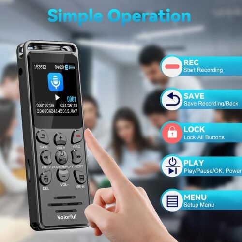 144GB Digital Voice Recorder with Playback, Volorful 1536Kbps Audio Recorder for Interviews Meetings, Voice Activated Recorder Recording Device with Noise Reduction, MP3 Stereo Player, Microphone - 이미지 4