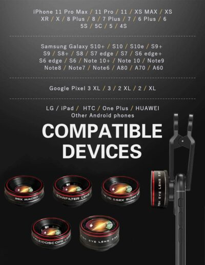 Phone Camera Lens Kit 10 in 1 for iPhone Samsung Pixel Android, 22X Telephoto Lens, 0.62X Super Wide Angle Lens&25X Macro Lens, 235° Fisheye,Kaleidoscopes, Starlight，Tripod，for Most Smartphone Black - 이미지 8