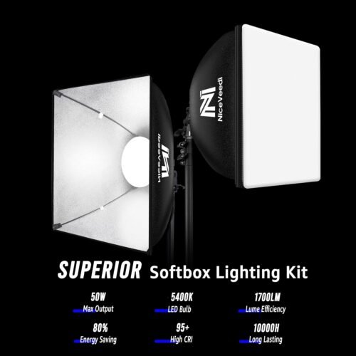 Softbox Lighting Kit, NiceVeedi 16'' x 16'' Softbox Photography Lighting Kit with 63” Tripod Stand & 5400K 450W Equivalent LED Bulb, Continuous Lighting for Photography/Video Record/Live Streaming - 이미지 2