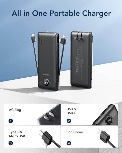 VEGER Portable Charger for iPhone Built in Cables and Wall Plug, 10000mah Slim Fast Charging USB C Power Bank, Travel Essential Battery Pack Compatible with iPhones, iPad, Samsung More Devices(Black) - 이미지 2