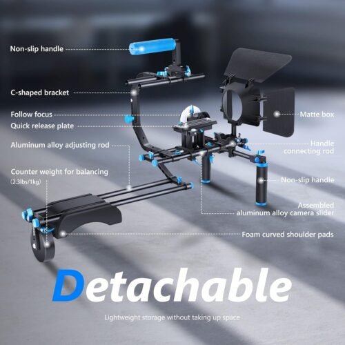 Neewer Shoulder Rig Kit for DSLR Cameras and Camcorders, Movie Video Film Making System with Matte Box, Follow Focus, C-Shaped Bracket, 15mm Rods, Handgrip, 1/4” & 3/8” Threads (Blue + Black) - 이미지 2