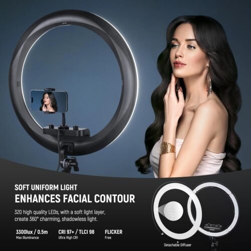 NEEWER Professional 18 Inch Ring Light with Tripod Stand Phone Holder Compatible with iPhone, 45W Remote Shutter App Control, Video Recording Makeup Selfie Studio Streaming Filming, RP18B Pro Black - 이미지 3