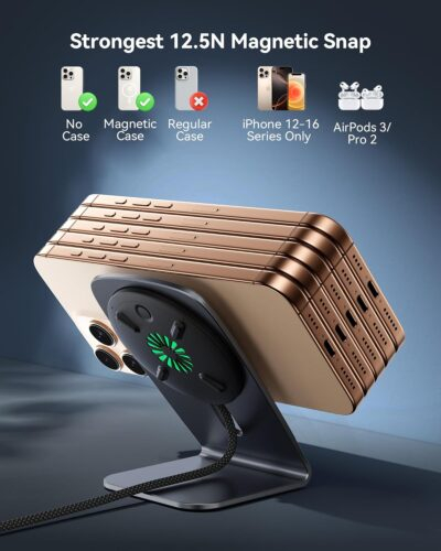 INIU Magnetic Wireless Charger Stand, Qi2 Certified 15W Mag Safe Charging Station with 23-Blade Cooling Fan, Fast Charging Pad for iPhone 16 15 14 13 12 Series AirPods 4 3 Pro2 Pro (with Adapter) - 이미지 6