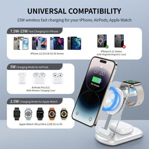 2025 Magnetic Wireless Mag-Safe Charger Stand,3 in 1 Charger with Light for iPhone 16 15 14 13 12 Pro Max Plus,Charging Pad for Apple Watch Series & Air pods 4 3 2 Pro(White) - 이미지 2