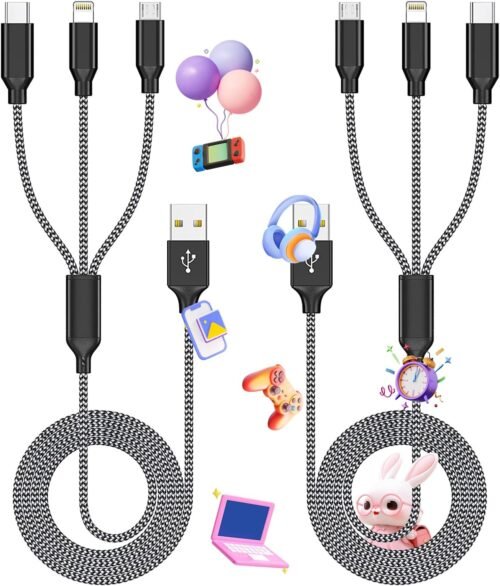 Multi Charging Cable,(2Pack 4FT) 3 in 1 Charging Cable for Multiple Devices, Nylon Braided Universal Charger Phone Charger Cord with Type-C,Micro USB,IP Port for iPhone16/15 Series/Phone&Pad