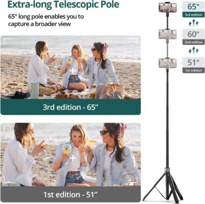 ATUMTEK 65" Selfie Stick Tripod, All in One Extendable Phone Tripod Stand with Bluetooth Remote 360° Rotation for iPhone and Android Phone Selfies, Video Recording, Vlogging, Live Streaming, Black - 이미지 2