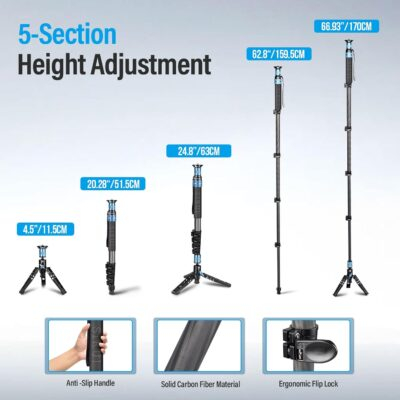 SIRUI P-325FL Carbon Fiber Monopod with Feet, 67” Professional Camera Monopod, Portable Lightweight Travel Monopod for DSLR Camera, Max Load 22lbs, Compatible with Sony Canon Nikon DSLR Camera - 이미지 5