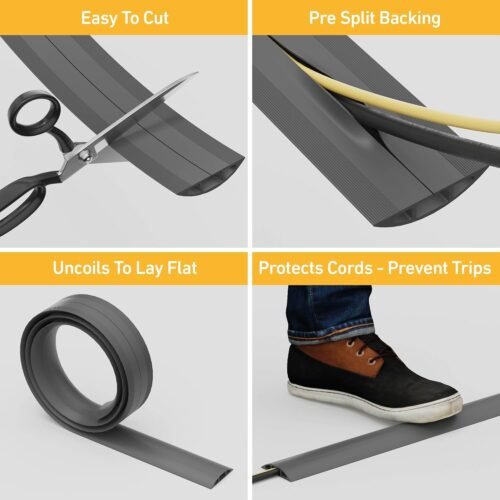D-Line 6ft Floor Cord Cover, Cable Channel, Protect Cords, Prevent Trips - 0.63" W x 0.31" H - Gray - 이미지 2