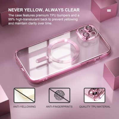 Misea Magnetic for iPhone 15 Plus Case Compatible with MagSafe [Never Yellowing] [Military Grade Drop Protection] Full Camera Lens Protector Plating Soft Clear Phone Case for Women Girls, Pink - 이미지 3