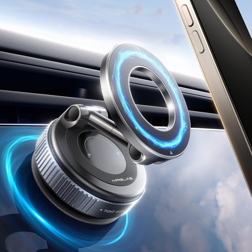 MRGLAS 2025 Upgraded Vacuum Magnetic Phone Holders for Your Car, 360 Adjustable Foldable Magsafe Suction Cup Phone Mount for iPhone [89+LBS Suction+2800gf Magnet] Car Truck Accessories for Men Women
