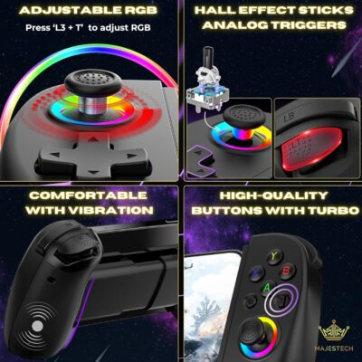 MAJESTECH NEW D8 Mobile Gaming Controller for iPhone/Android/iPad/Tablet, Play Xbox Cloud, Playstation Remote Play, Steam/PC, Switch! RGB Hall Joystick/Trigger Wireless Bluetooth Phone Game Controller - 이미지 6