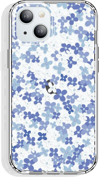 for iPhone 15 Case Clear 6.1 Inch with Pattern Design, Protective Slim TPU Cover + Shockproof Bumper for Women and Girls (Tiny Flowers/Blue)