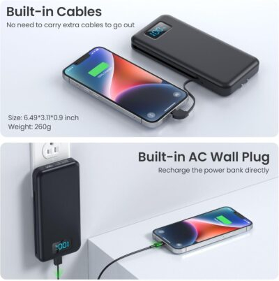 Portable Charger with Built-in Cables & AC Wall Plug,Upgraded 13800mAh USB-C Power Bank, 4 Output LCD Display External Battery Pack Phone Charger Compatible with iPhone 16/15/14/13 Samsung Android etc - 이미지 5