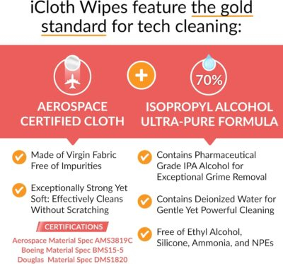 iCloth 70% Isopropyl Alcohol Large Screen and Electronics Wipes, Lint-Free, Streak-Free, Fast-Drying, Removes Dust and Fingerprints (50 Wipes) - 이미지 8