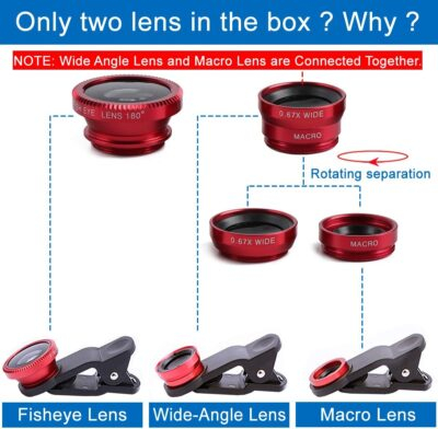 KINGMAS 3 in 1 Universal Fish Eye Lens, Macro Clip Lens Wide-Angle Camera Lens Kit for iPad iPhone Samsung Android and Most Smartphones (Red) - 이미지 3