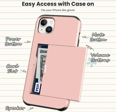 Jiunai for iPhone 14 Case Card Holder Wallet CC IDs License Access Card Slot Minimalist Dual Layer Hybrid Bumper Anti Scratch Protective Pocket Phone Cases for iPhone 14 6.1'' 2022 Men Women Rose Gold - 이미지 5