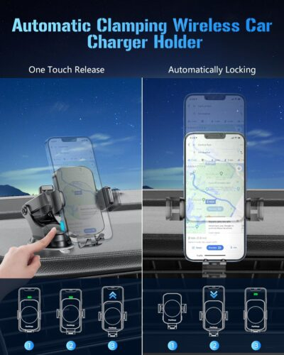 Wireless Car Charger, Fast Charging Phone Holder 3 in 1 Phone Mount Auto Clamping Car Accessories Compatible with iPhone 16 15 14 13 12 11 Xs XR, Samsung S23 Ultra S22 S21 S20/S10+ S9+ Note 9 - 이미지 4