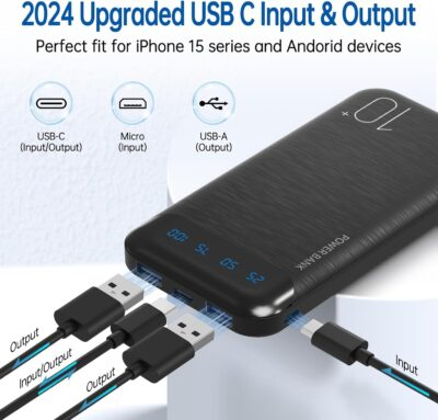 Power Bank 10000mAh Portable Charger Slim External Battery Pack with 2 USB 2.4A Outputs and USB C In/Out Compatible with Huawei iPhone 16 15 14 13 12 iPad Samsung Galaxy S20 Android Tablet (Black) - 이미지 2