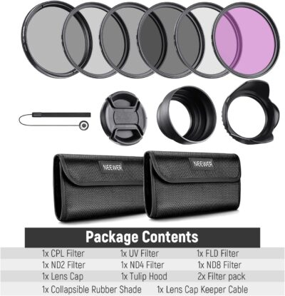 NEEWER 52mm ND Lens Filter Kit: UV, CPL, FLD, ND2, ND4, ND8, Lens Hood and Lens Cap Compatible with Canon Nikon Sony Panasonic DSLR Cameras with 52mm Lens - 이미지 9