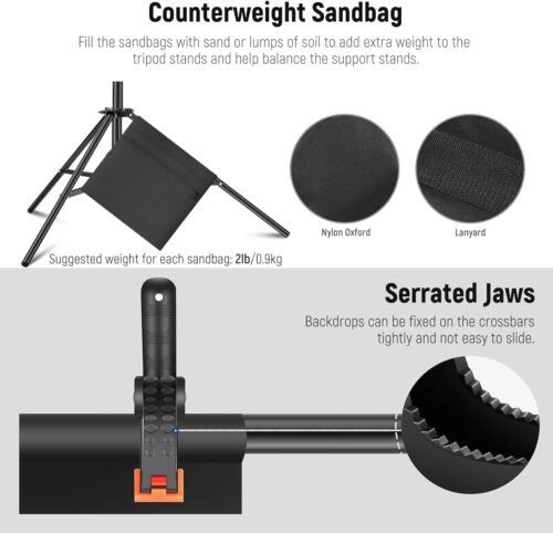 Neewer Photo Studio Backdrop Support System, 10ft/3m Wide 6.6ft/2m High Adjustable Background Stand with 4 Crossbars, 6 Backdrop Clamps, 2 Sandbags, and Carrying Bag for Portrait & Studio Photography - 이미지 7