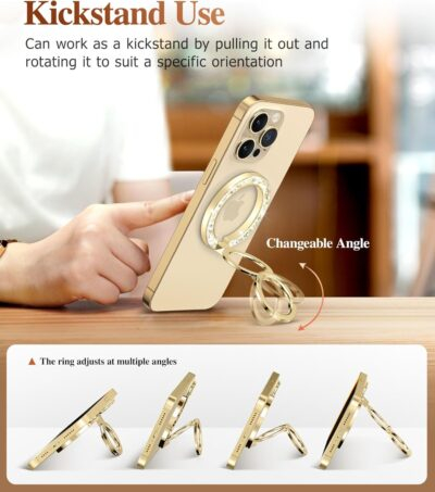 GVIEWIN Magnetic Phone Ring Holder, Compatible with MagSafe Phone Grip with Adjustable Stand, Magnet Phone Ring Kickstand for iPhone 16 Pro Max/Plus/15/14/13/12 Series/Other Phones (Glitter/Gold) - 이미지 4