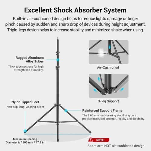 SmallRig Aluminum Light Stand 110"/9.2ft/280cm, Adjustable Photography Air-Cushioned Tripod Stand with 1/4" Screw for Softbox, Studio Light, Flash, Umbrella, Ring Light, Max Load 5kg, RA-S280A - 이미지 4