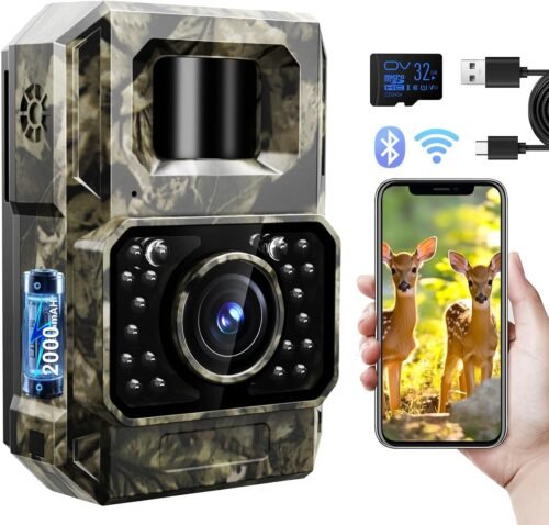 MAXDONE Trail Camera Bluetooth Game Camera, 2000mAh Built-in Battery Rechargeable Power Hunting Cameras with Night Vision Trail Cam Bluetooth 48MP Wildlife Cameras Wi-Fi Deer Cams (No Screen)