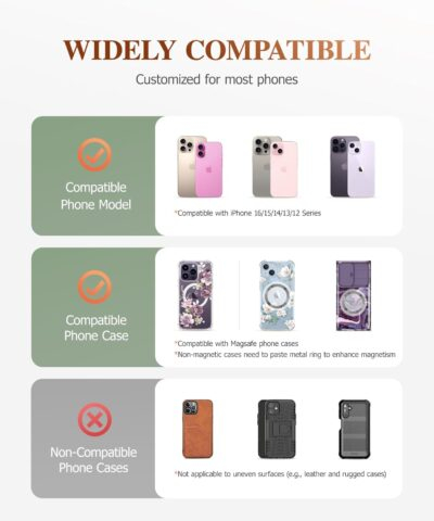 GVIEWIN Magnetic Phone Ring Holder, Compatible with MagSafe Phone Grip with Adjustable Stand, Magnet Phone Ring Kickstand for iPhone 16 Pro Max/Plus/15/14/13/12 Series/Other Phones (Glitter/Gold) - 이미지 5