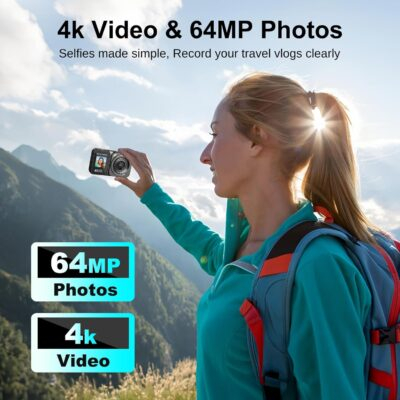 Digital Camera, 4K 64MP Dual Screens Camera, 18X Zoom, Point and Shoot Digital Camera with 64GB TF Card & 2 Batteries, Portable Rechargeable Small Camera for Kids Teens Adult, Black - 이미지 2