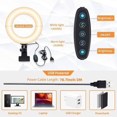 Video Conference Lighting Kit, Ring Light Clip on Laptop Monitor with 5 Dimmable Color & 5 Brightness Level for Webcam Lighting/Zoom Lighting/Remote Working/Self Broadcasting and Live Streaming, etc. - 이미지 6
