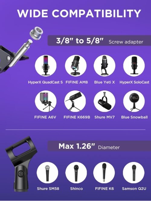 InnoGear Microphone Stand Mic Boom Arm for Blue Yeti HyperX QuadCast S SoloCast Snowball Fifine K669B and other Mic, with Shock Mount Windscreen Pop Filter Mic Clip Holder Cable Ties, Medium - 이미지 6