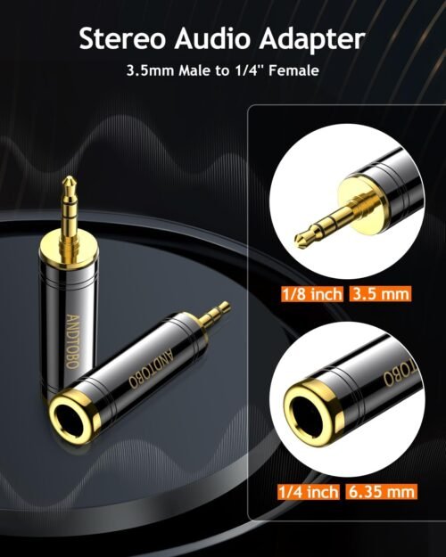 ANDTOBO 1/4'' to 3.5 mm Stereo Pure Copper Headphone Adapter, 3.5 mm(1/8'') Plug Male to 6.35 mm (1/4'') Jack Female Stereo Adapter for Headphone, Amp Adapter, Black 2-Pack - 이미지 2