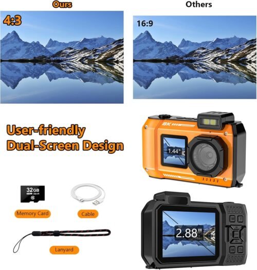 UHD 8K Underwater Camera, 70MP 33FT WiFi Waterproof Digital Camera with 64GB Card, Auto Focus Waterproof Dual-Screen Selfie 2500mAh Battery, 18X Floatable Digital for Snorkeling, Orange - 이미지 6