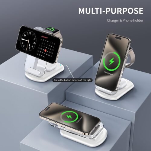 2025 Magnetic Wireless Mag-Safe Charger Stand,3 in 1 Charger with Light for iPhone 16 15 14 13 12 Pro Max Plus,Charging Pad for Apple Watch Series & Air pods 4 3 2 Pro(White) - 이미지 3