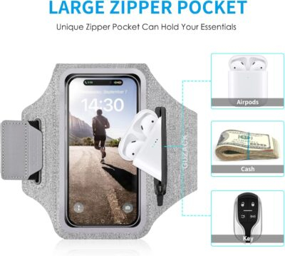 GUZACK Running Armband Case for iPhone 16/15/14/13/12/11 Pro Max, Galaxy S25/S24/S23/S22, Universal Cell Phone Arm Holder with Key Pocket & Card Slot, Gray - 이미지 3