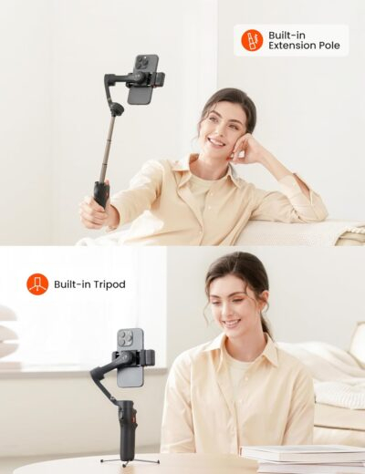 Hohem iSteady V3 Gimbal Stabilizer for Smartphone, 3-Axis Stabilization with AI Tracker, Detachable Remote Control, Built-in Extension Rod and Tripod, Portable and Foldable, Video Recording, Black - 이미지 5
