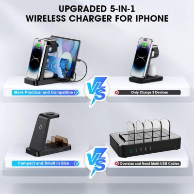 Wireless Charger for iPhone - 5 in 1 Charging Station for Multiple Devices Apple: Fast Wireless Charging Stand Dock for iPhone 16e 16 15 14 13 12 Pro Max Apple Watch Airpods - 이미지 2