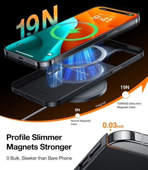 TORRAS Magnetic Slim-Fit for iPhone 15 Pro Max Case, Ultra-Thin 15 ProMax Phone Case Compatible with MagSafe, Lightweight Anti-Scratch Matte Hard for iPhone 15 ProMax Case 6.7 inch OriginFit, Black - 이미지 3