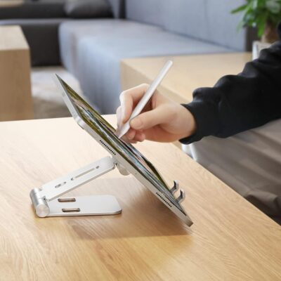 OMOTON Foldable Cell Phone Stand, C4 Portable Aluminum Phone Holder, Adjustable Phone Dock Cradle Compatible with iPhone 16/15/14/13 Pro Max, Samsung Galaxy, Small Tablets, All Smart Phones, Silver - 이미지 4