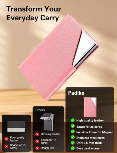 Padike Business Card Holder, PU Leather & Stainless Steel Multi Card Case for Men & Women, Name Card Holder, Credit Card Wallet, ID Case/Holder with Magnetic Closure (Pink) - 이미지 2
