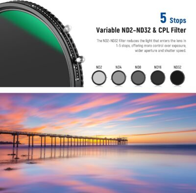 NEEWER 2 in 1 82mm Variable ND Filter ND2–ND32&CPL Filter(Circular Polarizer Filter) No X Cross/30 Layer Nano Coated/HD Optical Glass/Ultra Slim Aluminum Alloy Frame/Water Repellent/Scratch Resistant - 이미지 5